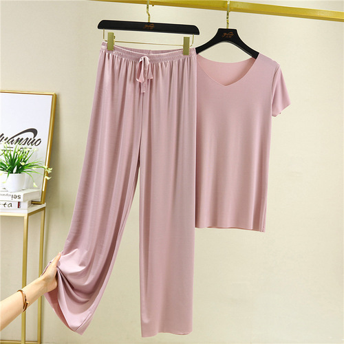 New ice silk short-sleeved T-shirt two-piece suit for women summer thin v-neck slim top drapey loose casual wide-leg pants