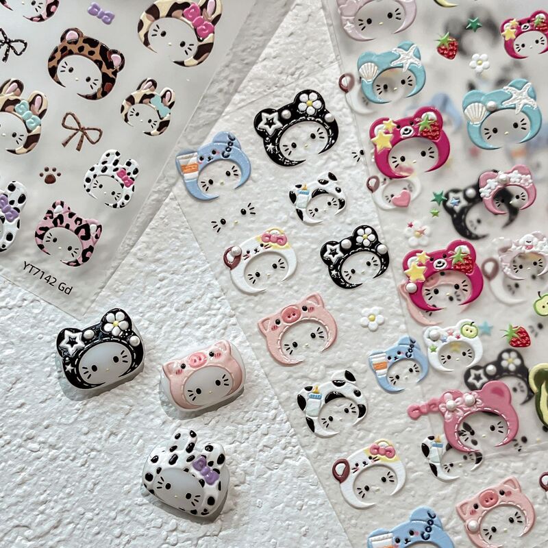 Pearl Jelly Cartoon Headgear Nail Art Stickers Cute Leopard Cat Bow Adhesive Nail Stickers Decoration Wholesale