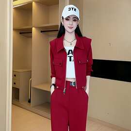 休闲套装女款2023秋季新款显白酒红色翻领开衫长袖卫衣两件套女装