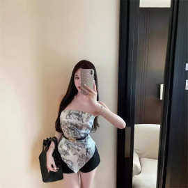 辣妹短款露背复古水墨印花无袖抹胸背心女修身内搭不规则上衣外穿