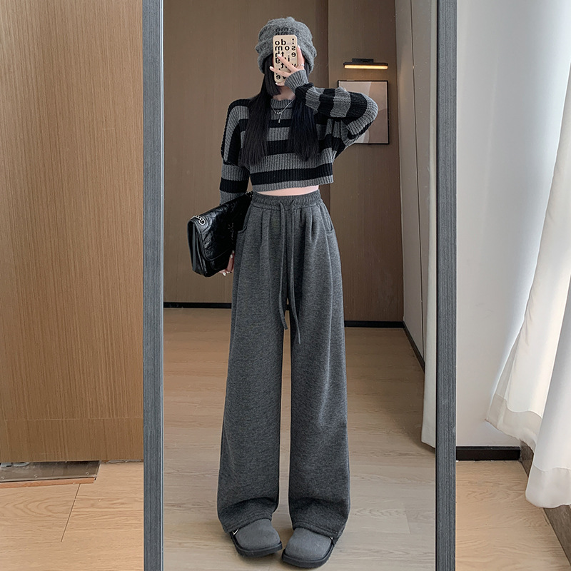 (2개) 오트밀 컬러 양고기 벨벳 찹쌀 바지 여성의 가을과 겨울 2024 새로운 높은 허리 드레이프 기모 따뜻한 캐주얼 넓은 다리 바지