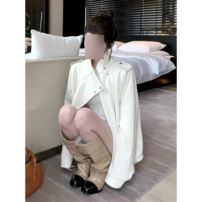 Suede Jacket for Women, Autumn, Off-White, Stylish, Biker Style, Loose-Fitting Jacket