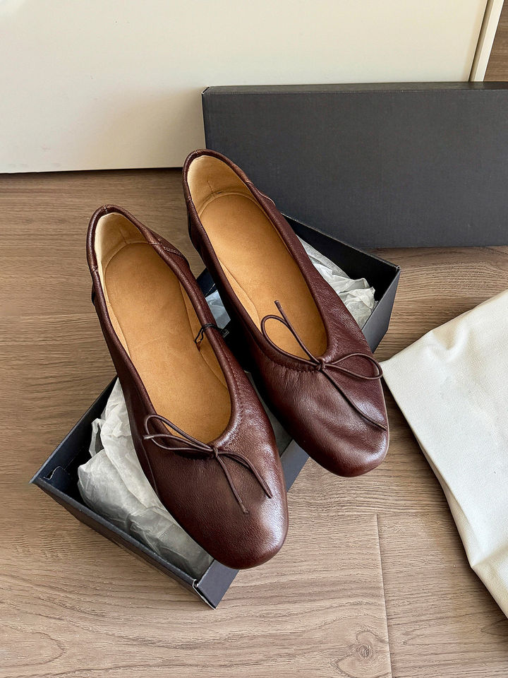 Giày búp bê nữ mũi vuông thắt nơ, đế bằng, kiểu lười dễ mang — Màu nâu