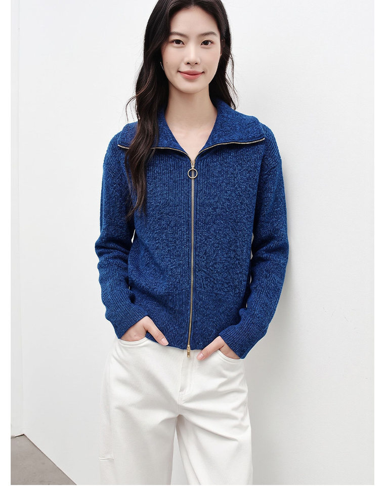 Áo khoác dệt kim nữ màu xanh da trời, dáng cardigan khóa kéo, chất liệu len cừu mềm mại, tay dài — Màu xanh da trời chi tiết 8