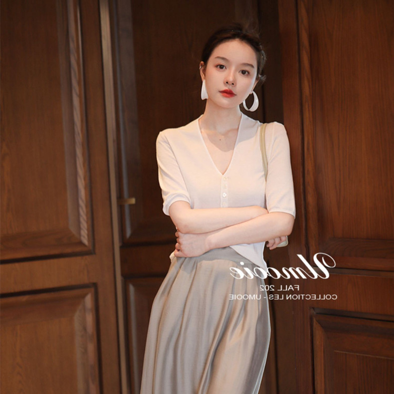 Áo len dệt kim tay lỡ cổ V dáng ôm chất liệu lụa đá mùa hè, mỏng nhẹ đa năng — đen chi tiết 13