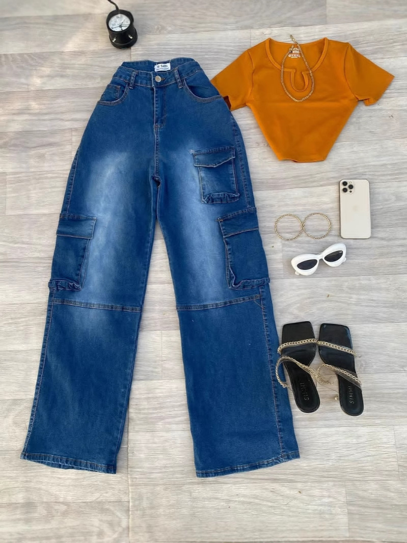 Pantalones de mezclilla para mujer, monos, pantalones de sheins de pierna ancha con bolsillos múltiples, pantalones Cargo pants wholesale