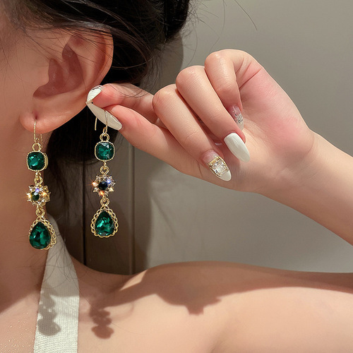 925 silver needle retro style geometric emerald earrings collection fashionable literary style temperament earrings ins style earrings for women