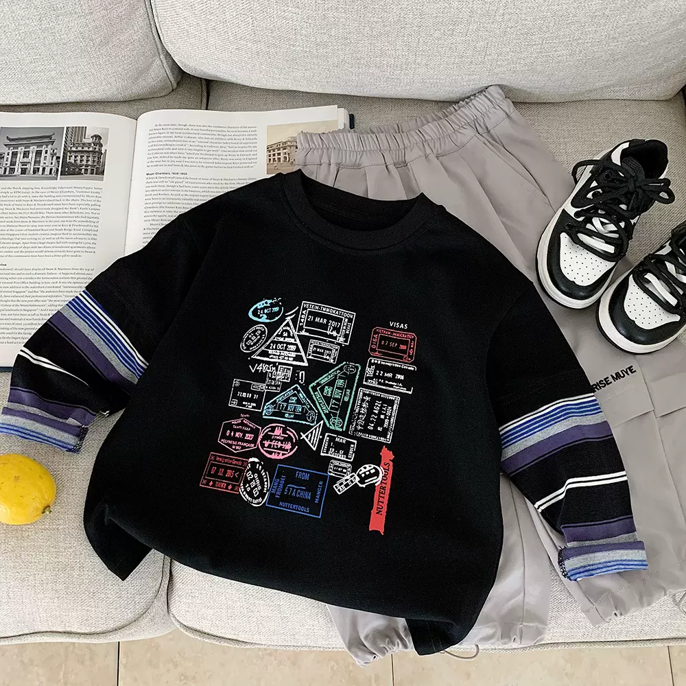 木野秋季童装儿童打底衫湖州织里服饰男童韩版假两件长袖t恤纯棉