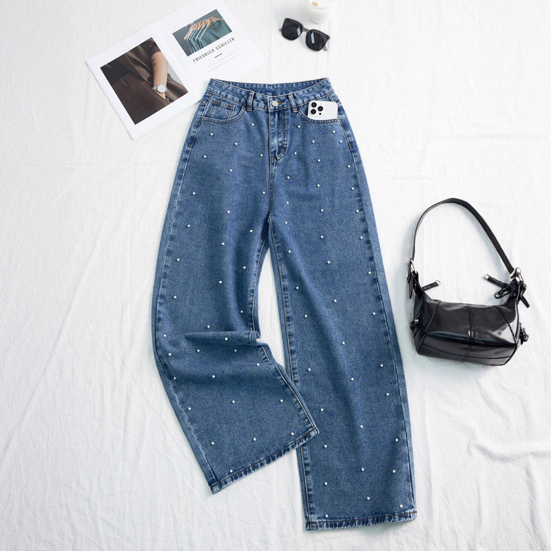 实拍欧美甜美气质洗水钉珠高腰直筒宽松显瘦阔腿牛仔长裤女JEANS|undefined