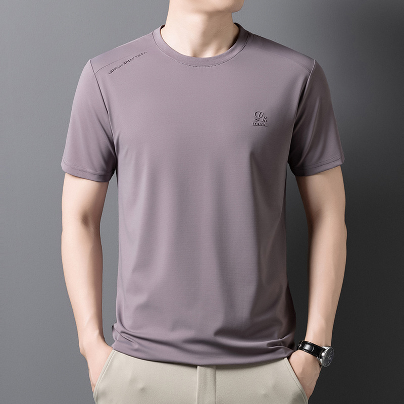 涼しい通気性のある生地ラウンドネック半袖 Tシャツメンズ夏ルーズカジュアルアイスシルク半袖 Tシャツ紳士服|undefined