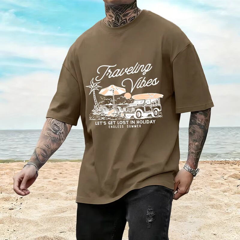 Let's Get Lost in the Holiday Pattern T-Shirt Men's Summer Soft Fashion T-Shirt Cotton Retro Sportswear