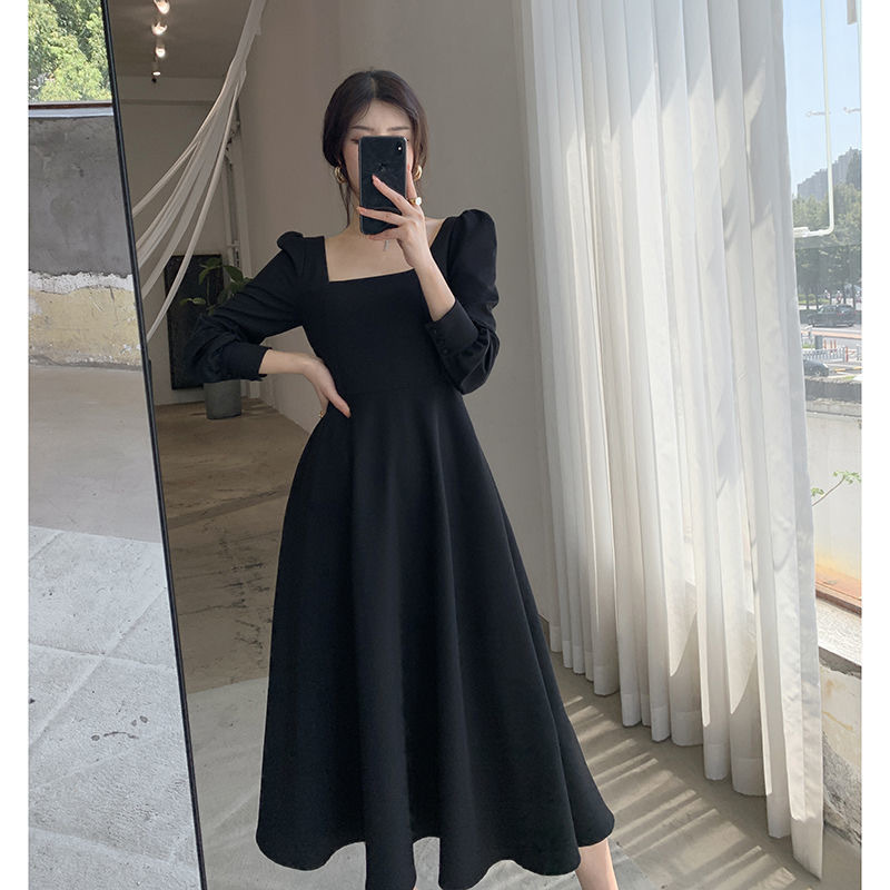 Black Dress for Women 2026 Autumn New Long-Sleeve French Retro Hepburn Style Square-Neck Long Dress Wholesale Trend