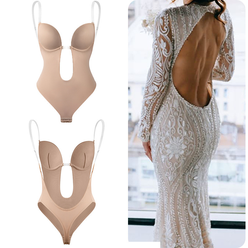 Cross-border Women's Foreign Trade Explosions Invisible Showy Back Dress backless U-plunge Bra Jumpsuit