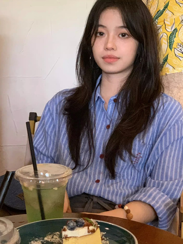 蓝色条纹衬衫2025年新款秋季女装法式气质宽松高级感内搭长袖上衣|undefined