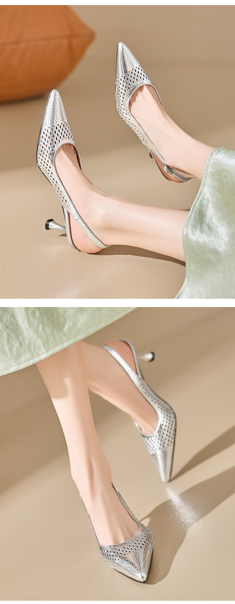 Sandal cao gót nữ mũi nhọn hở gót, gót 7 cm, phong cách Âu Mỹ — màu vàng chi tiết 6