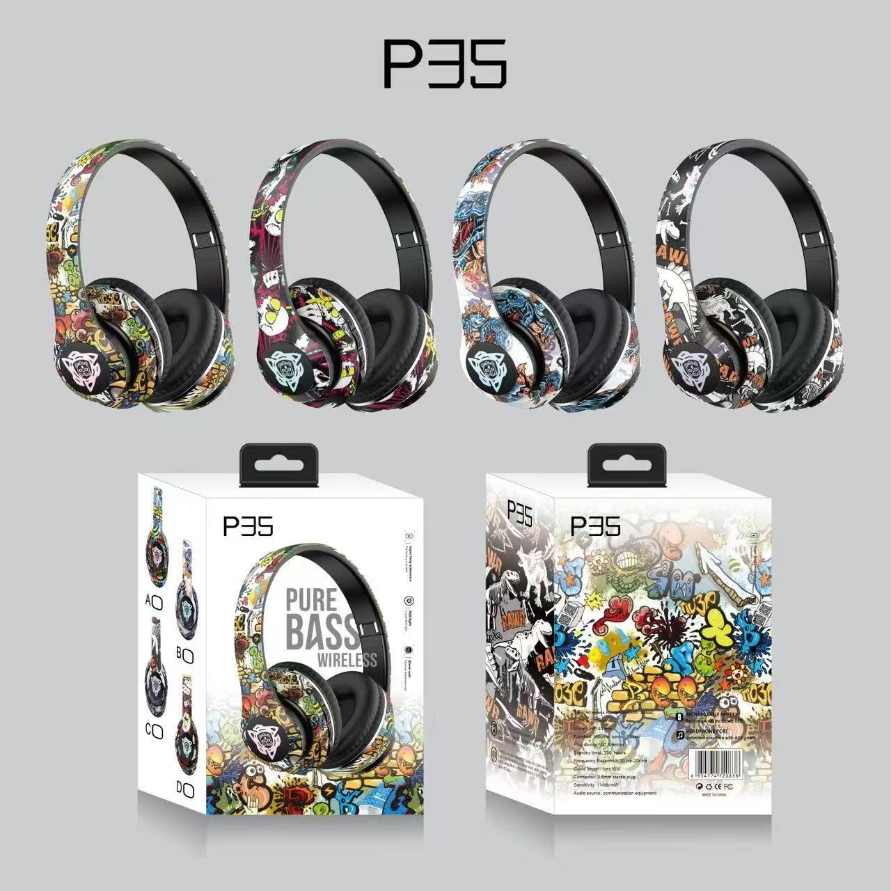 Cross-border new P35 headset bluetooth headset luminous game wireless card national tide graffiti bluetooth headset