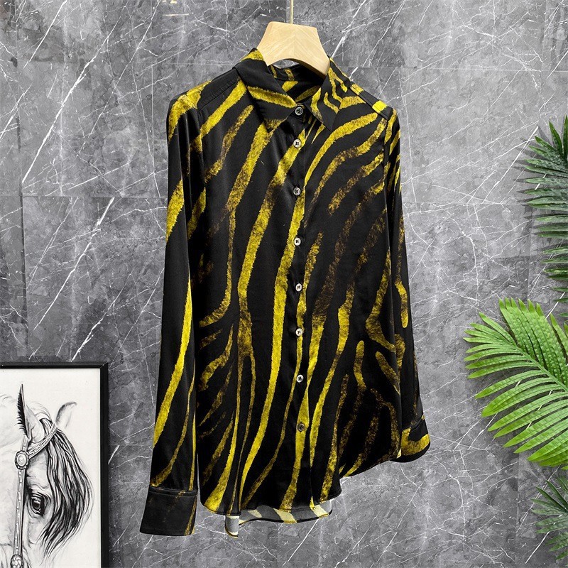 Women's Clothing Gilded segment dyeing! Satin leopard print irregular stripes   silk long sleeved shirt silk top_voghion.com