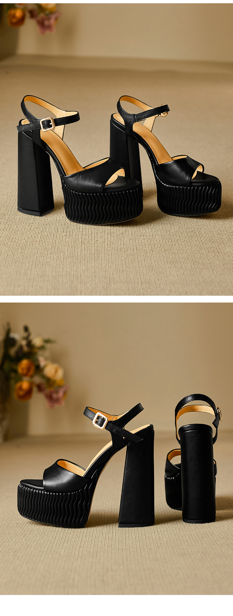 Sandal cao gót nữ quai ngang miệng cá đế xuồng 15 cm da thật — Màu đen chi tiết 12