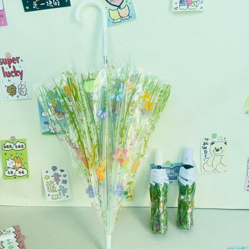 森系花草全自动透明雨伞三折折叠伞直柄伞男女生学生雨伞便携|undefined