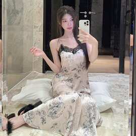 夏季女吊带睡衣带胸垫性感蕾丝套装女款高级感冰丝绸长款家居服