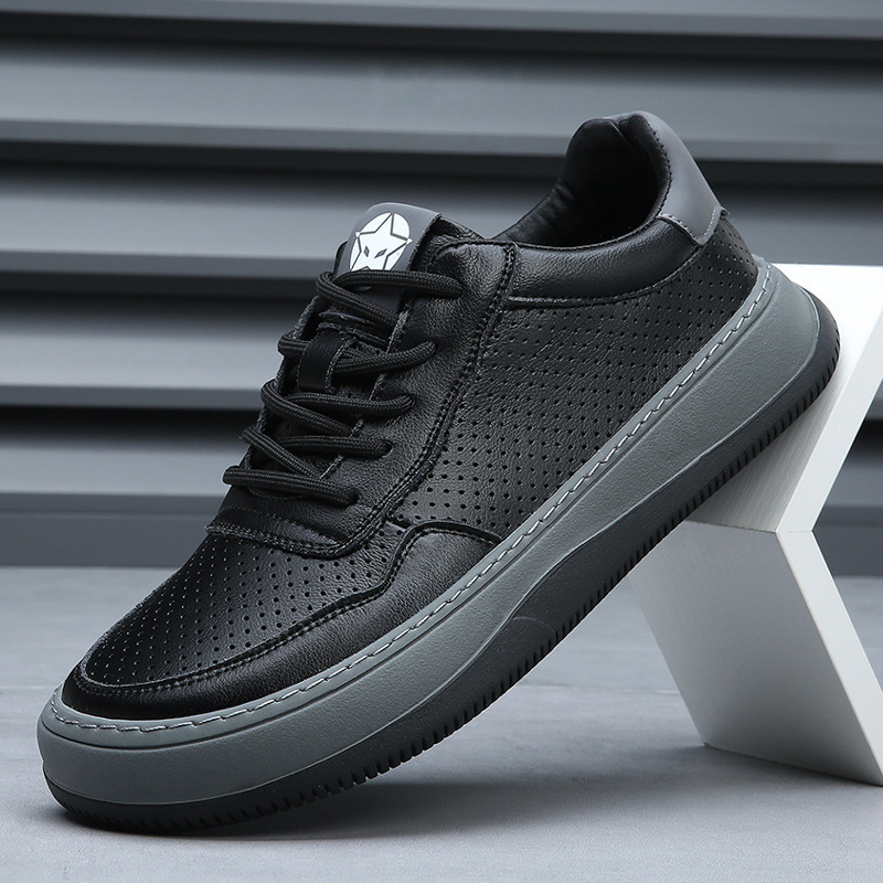 Summer New Sneakers Men's Genuine Leather Breathable Sandals Men's Hollow Hole Shoes Thick Sole White Shoes Casual Sandals