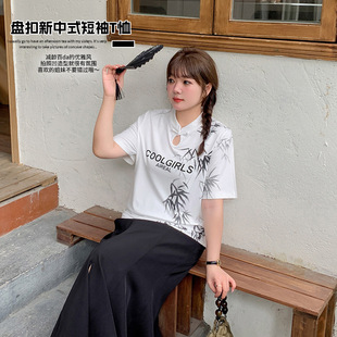Double Day 2024 Summer New chubby girl plus size Women's Retro Buckle New Chinese Style National Style Short Sleeve T-Shirt L211
