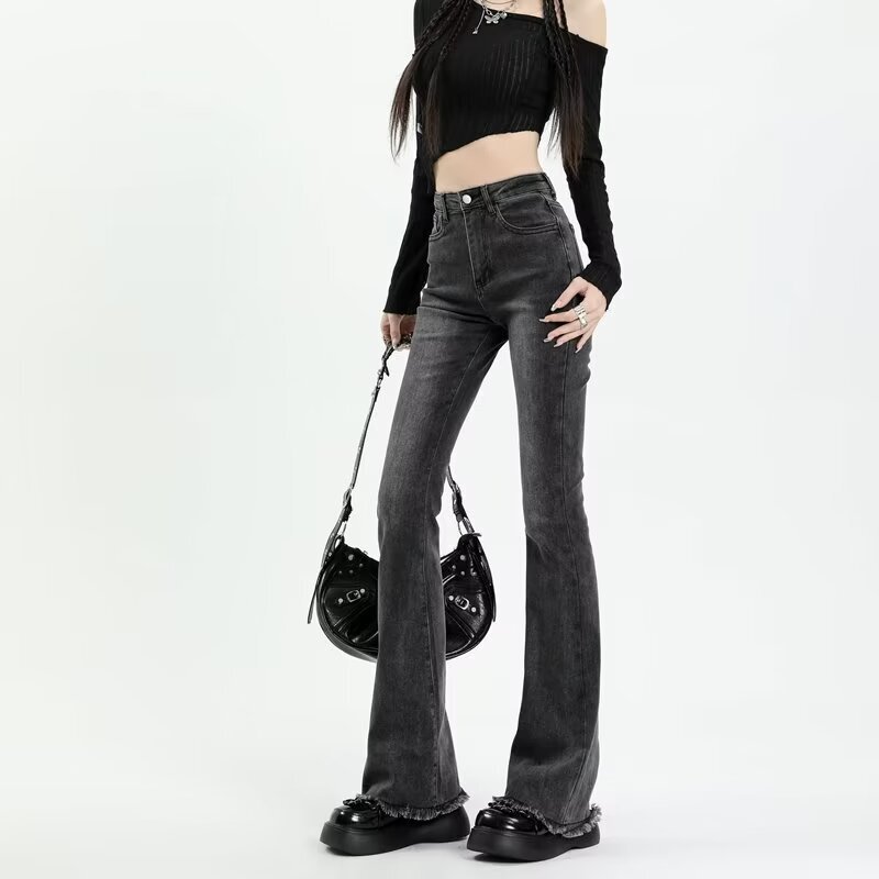 女性用ブラックグレーローエッジマイクロフレアジーンズ、春と秋、広州供給、ハイウエスト、スリム、大きいサイズ、伸縮性のあるフレアホースシューパンツ|undefined