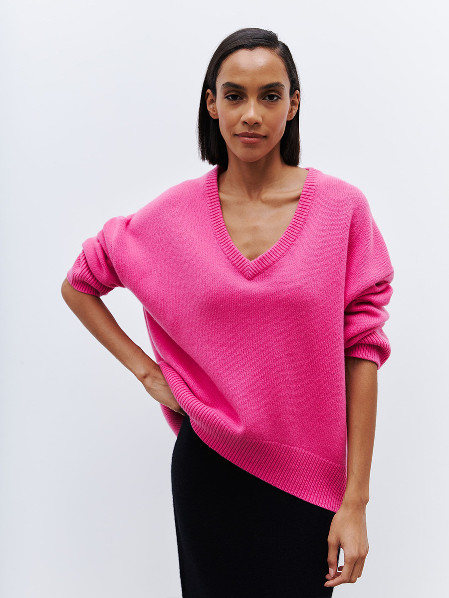 Suéter transfronterizo con cuello en V para mujer 2025 otoño e invierno Suéter de todo fósforo de color sólido europeo y americano Suéter de punto suelto de Amazon image 2
