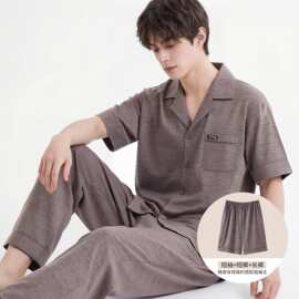 春夏新款纯棉男短袖短裤长裤开衫翻领三件套睡衣休闲男家居服居家