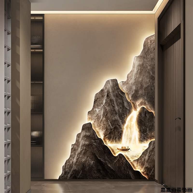 流水生财入户玄关装饰画正对门走廊过道挂画轻奢高级感山水画壁画