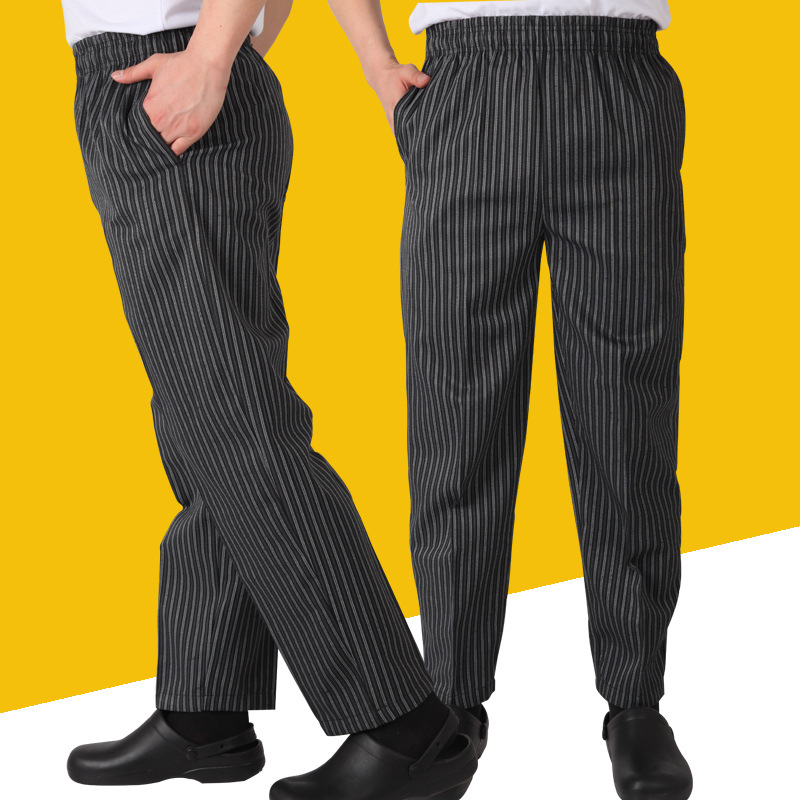 Pantalones de trabajo a rayas para chef de hotel y restaurante al por mayor, en stock, con banda elástica, pantalones de uniforme de servicio negro, personalizados.