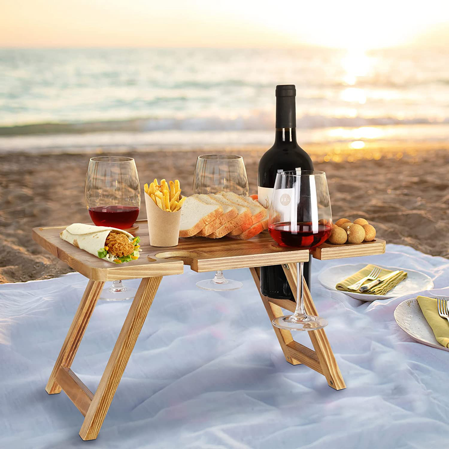 De madera plegable al aire libre portátil al aire libre MESA DE VIAJE plegable mesa de playa bandeja de mesa de vino externa titular de la taza