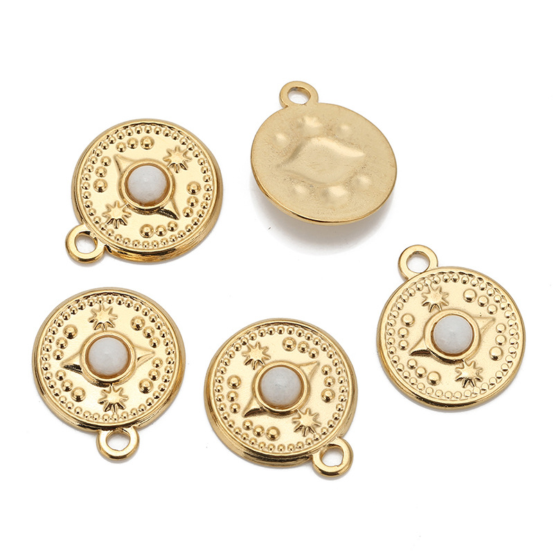 5 PCS/Package Quantity 304 Stainless Steel Material 5 PCS/Package 18mm 304 Stainless Steel Natural Stone 18K Gold Plated Round Star Pendant