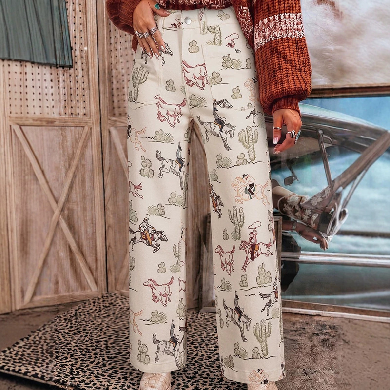 New autumn high-waisted straight-leg trousers for women, European and American trendy style, western print loose jeans for women, direct from the manufacturer New autumn high-waisted straight-leg trousers for women, European and American trendy style, western print loose jeans for women, direct from the manufacturer