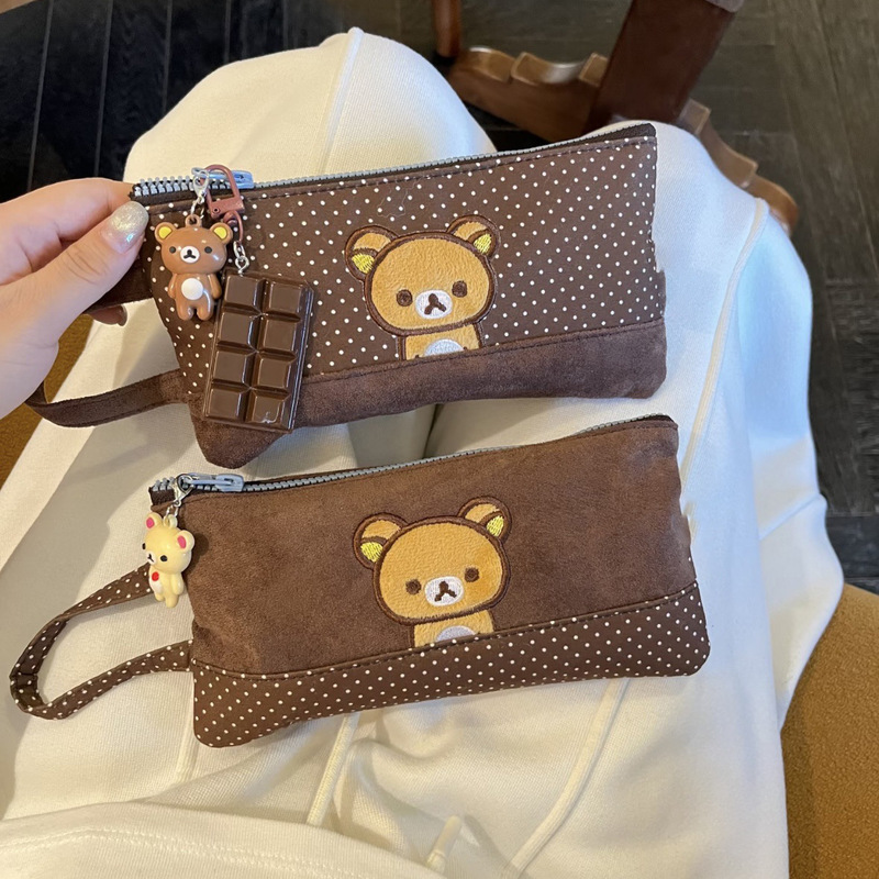 Cute Portable Embroidered Polka Dot Rilakkuma Storage Bag, Large Capacity Storage Card Holder, Student Stationery Bag, Pencil Case
