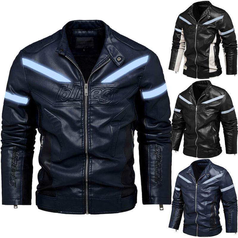 Cross-border autumn and winter men's jacket casual leather men's motorcycle jacket slim stand collar reflective men's PU leather jacket