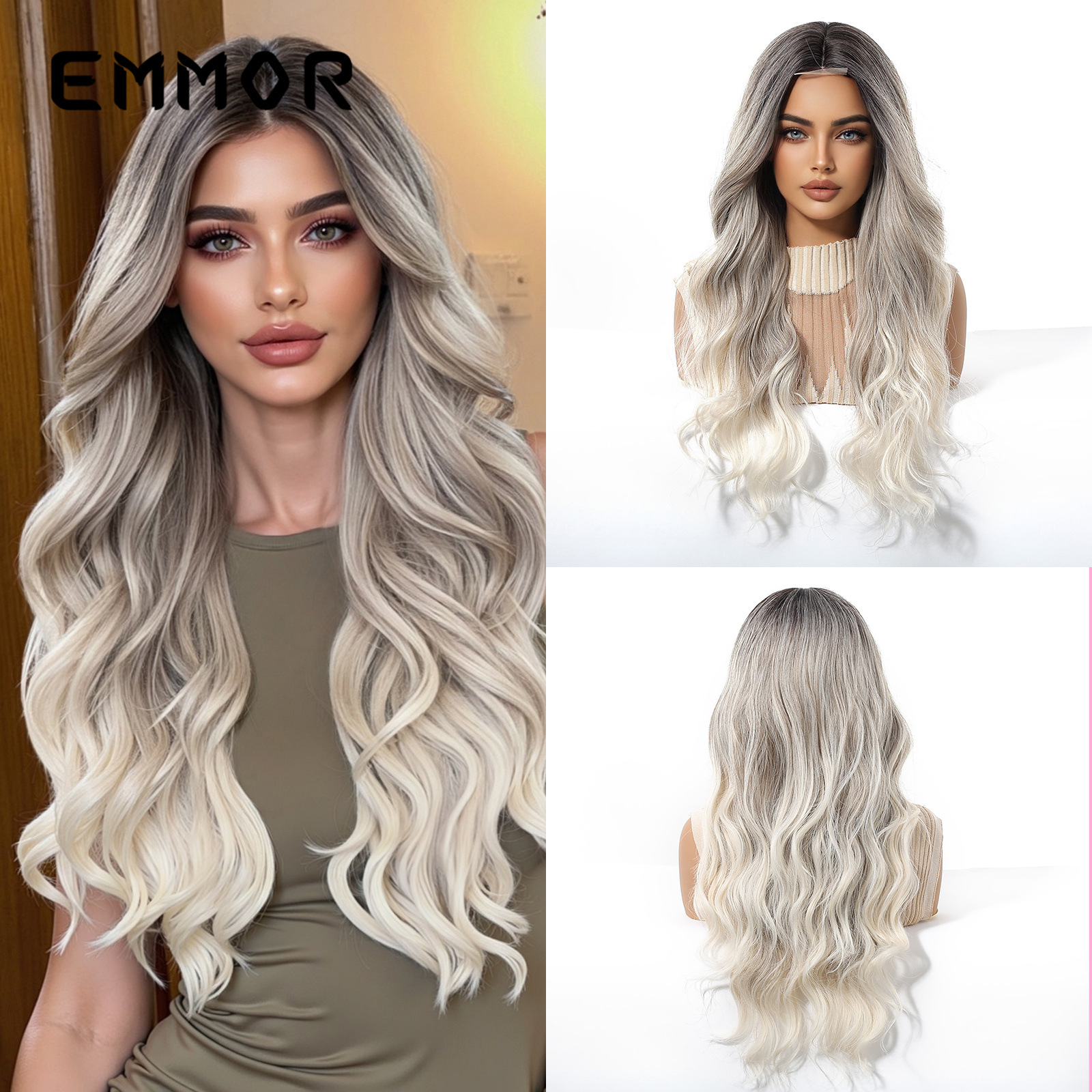 Amazon venta caliente transfronteriza frente encaje punto medio dorado gran ola pelo largo y rizado peluca de moda tipo de cabello completo