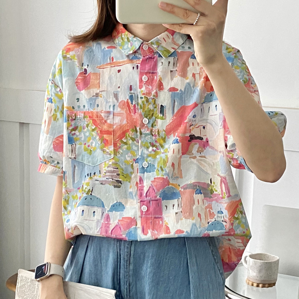 Baby Doll Collar Shirt Women's Summer 2025 New Korean Style Loose Harajuku Style Oil Painting Graffiti Flap Pocket Pants Short-Sleeved Top