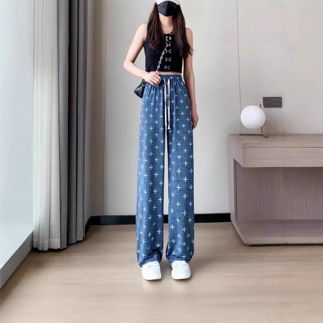 Pantalones anchos de mezclilla de seda de hielo Pantalones casuales delgados con estampado de seda de verano para mujer Pantalones de trapeador de cintura alta sueltos de cintura alta