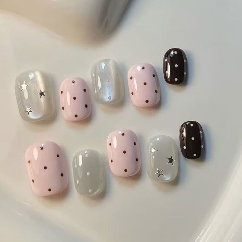 New Style Wearable Nails: Spring Pink Polka Dots, Starry Cat-Eye Design, Short Style, Gentle and High-End Feel, Brightening Effect, Pure and Desirable Nail Stickers New Style Wearable Nails: Spring Pink Polka Dots, Starry Cat-Eye Design, Short Style, Gentle and High-End Feel, Brightening Effect, Pure and Desirable Nail Stickers