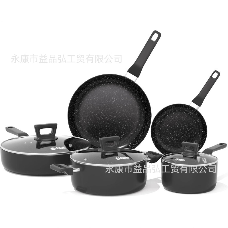 Juego de olla antiadherente de piedra médica Juego de venta caliente transfronteriza al por mayor estilo occidental simple negro