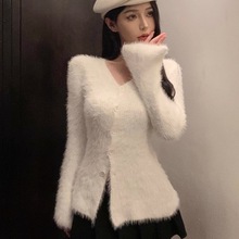 欧美跨境亚马逊白色v领软糯羊绒毛衣开衫女别致修身内搭针织上衣