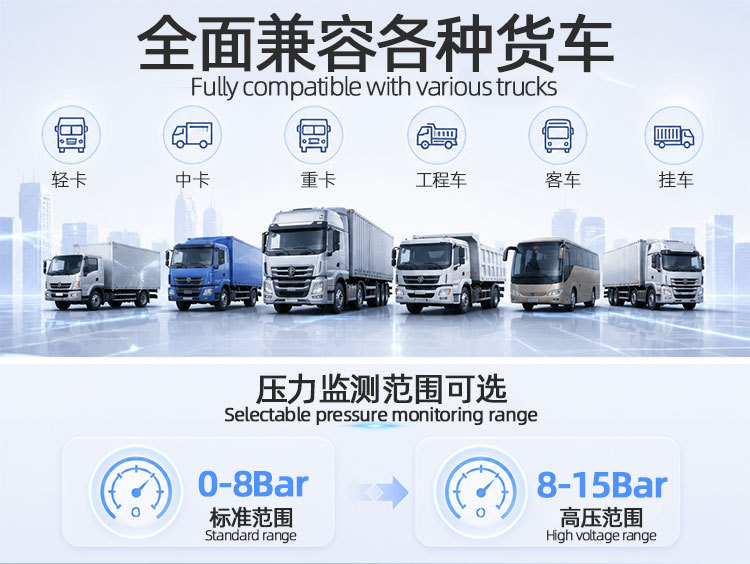 Six-wheel truck tire pressure monitor with large screen display, available with built-in or external options, truck-specific TPMS tire pressure alarm