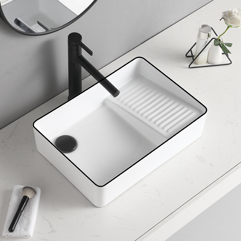 Sink on the side of the sink on the drain on the washing basin with a scrub bar on the side of the drain, ceramic balcony sink single basin