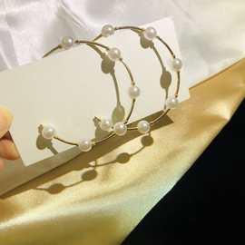 欧美新款饰品跨境 珍珠耳环 简约时尚大圆圈创意复古珍珠耳圈几何