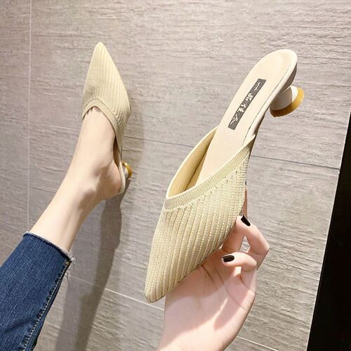 Half Slipper Women's Outerwear 2024 Trendy Knit Rough Heel Sandals Outerwear Pointed High Heels Women's Mule Shoes