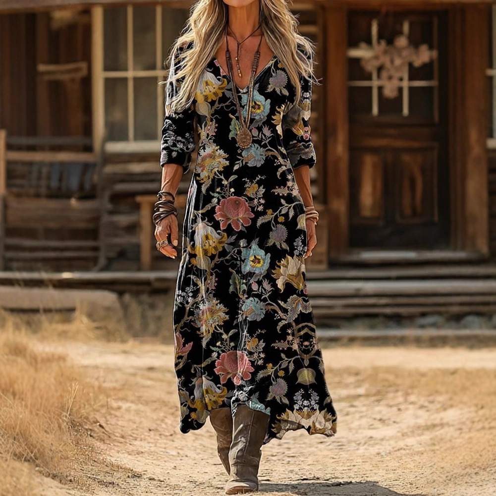 Cross-Border Casual Women's Retro Ethnic Floral Digital Print Art Long-Sleeved Elegant Dress Vacation Seaside Dress