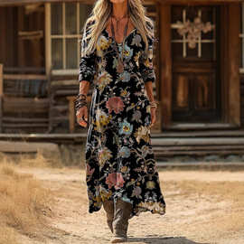 跨境休闲女式复古民族花卉数码印花艺术长袖优雅连衣裙度假海边裙