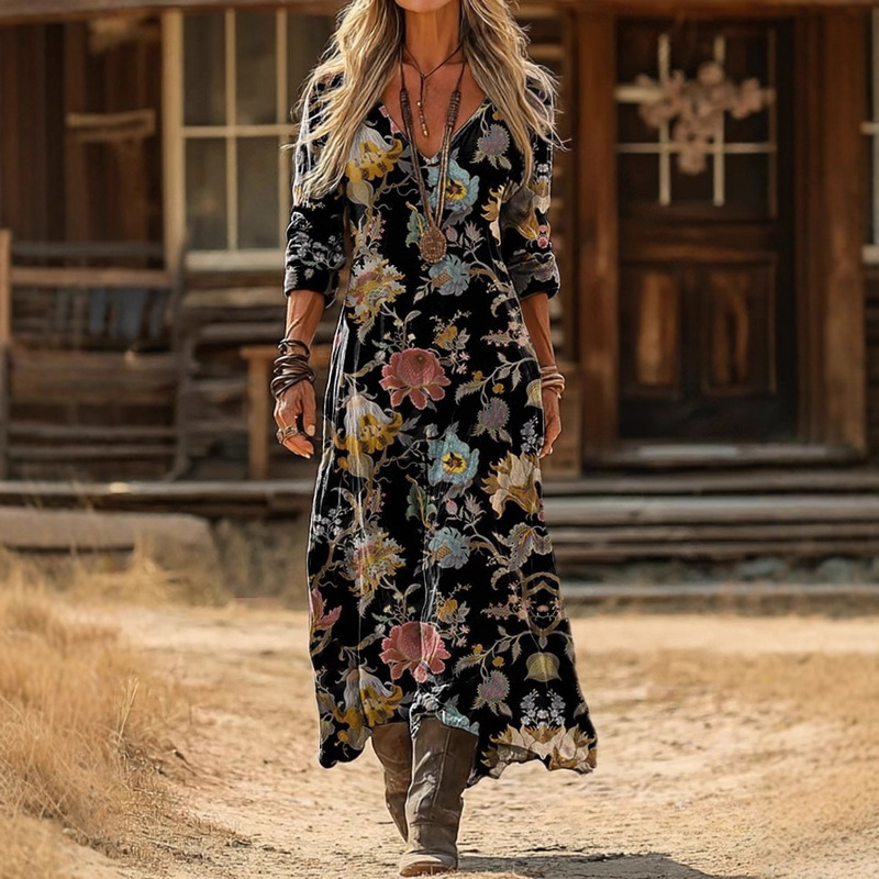 Cross-Border Casual Women's Retro Ethnic Floral Digital Print Art Long-Sleeved Elegant Dress Vacation Seaside Dress