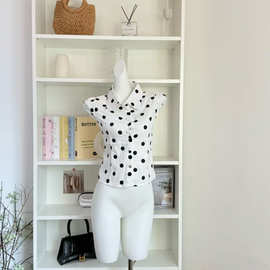 甜辣欧尼法式风撞色小波点单排扣衬衫女修身短袖上衣